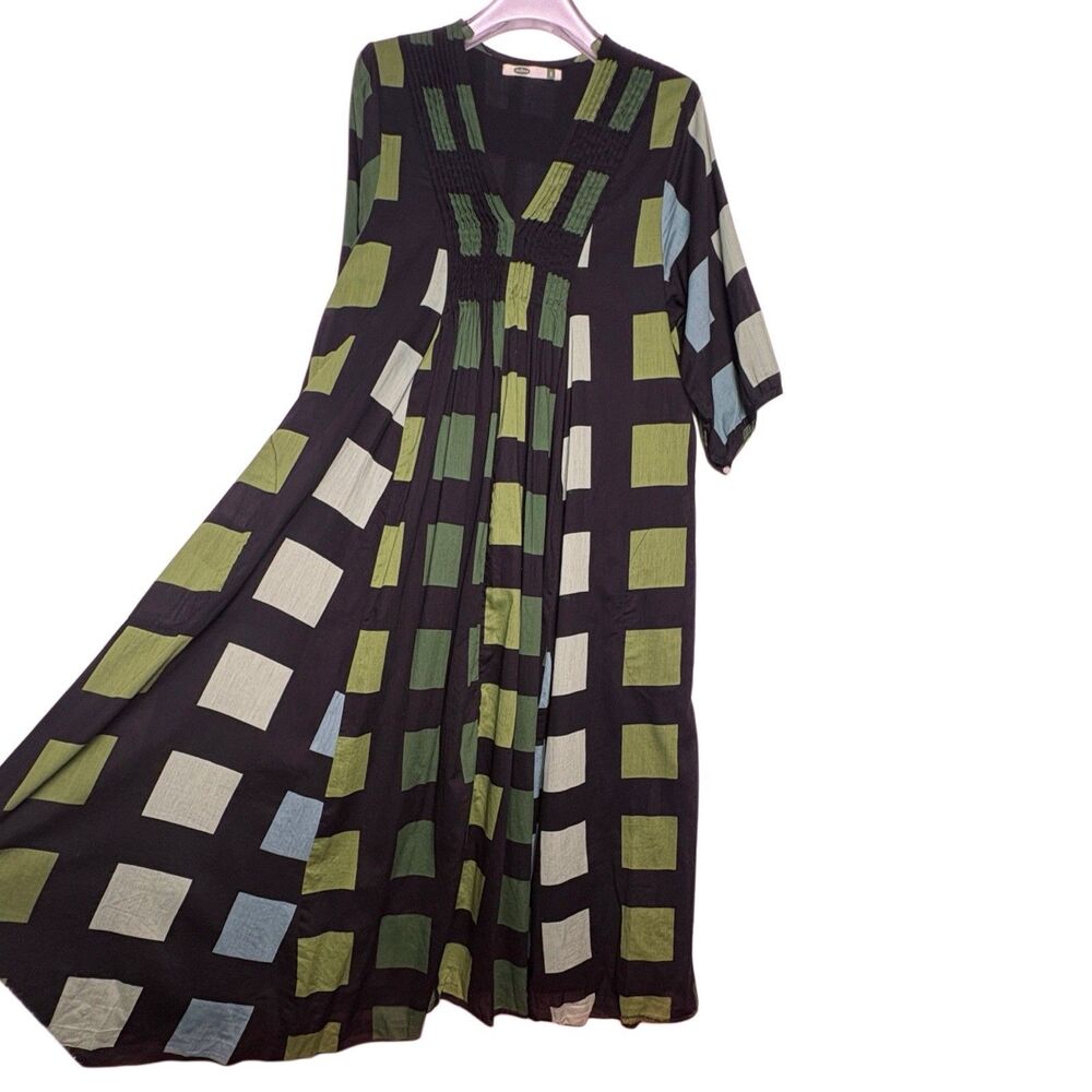 Dolma Maxi Dress Size Small SKYE Green Black Pintuck Neckline Cotton A-Line - Picture 3 of 9